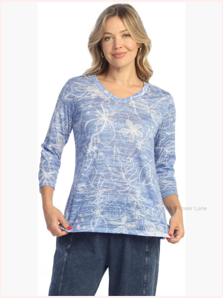 Abstract Sublimation Print V-Neck Tunic Top With Side Slits 3/4 Sleeves